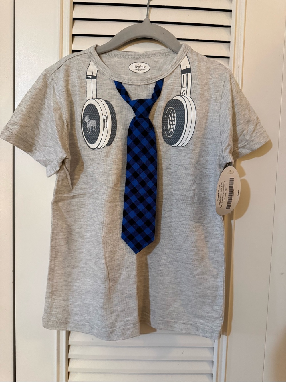 Frenchi Kids Gray Graphic Tee with Blue Plaid Tie